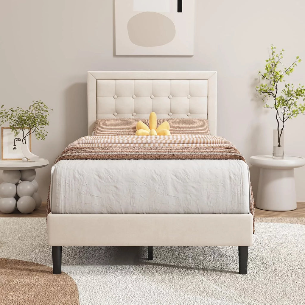 Pink Velvet Upholstered Platform Bed Frame Twin Size D763