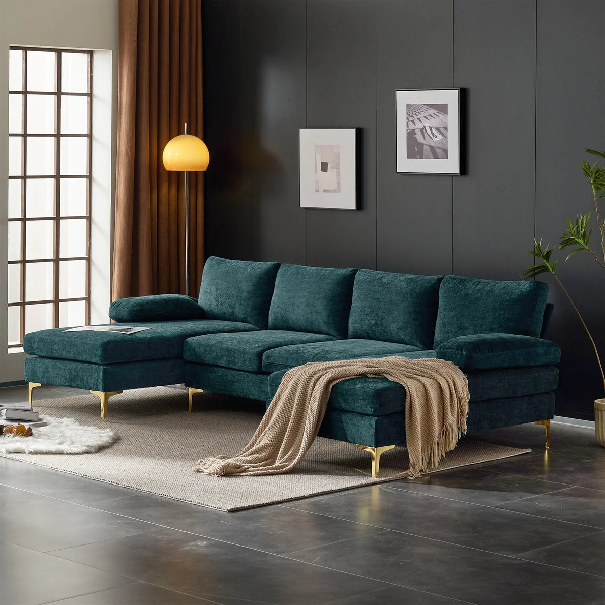Black Chenille 4 Seat Sectional Sofa I66747