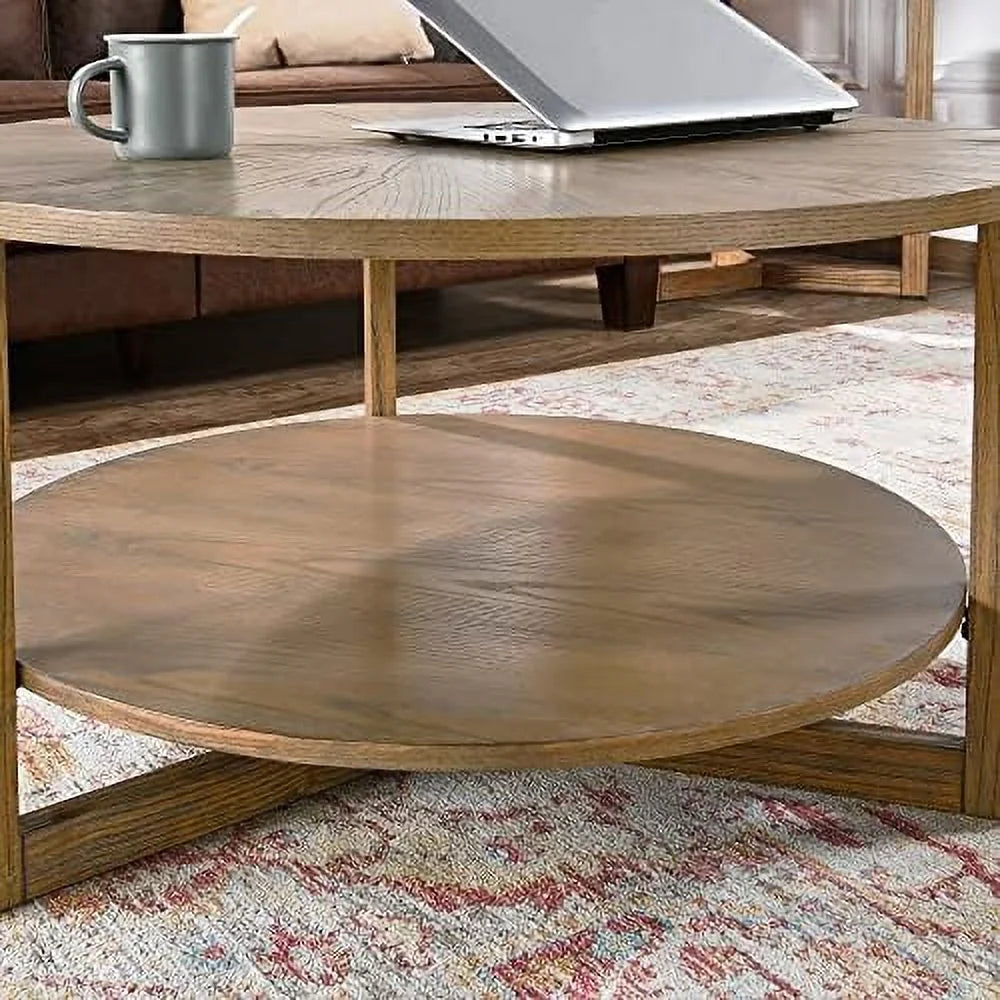 Round Solid Wood Coffee Table Yellowish Brown U5076