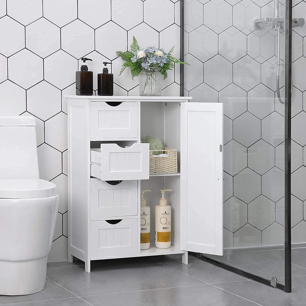 White Wooden Bathroom Floor Cabinet with 4 Drawers and 1 Cupboard G194