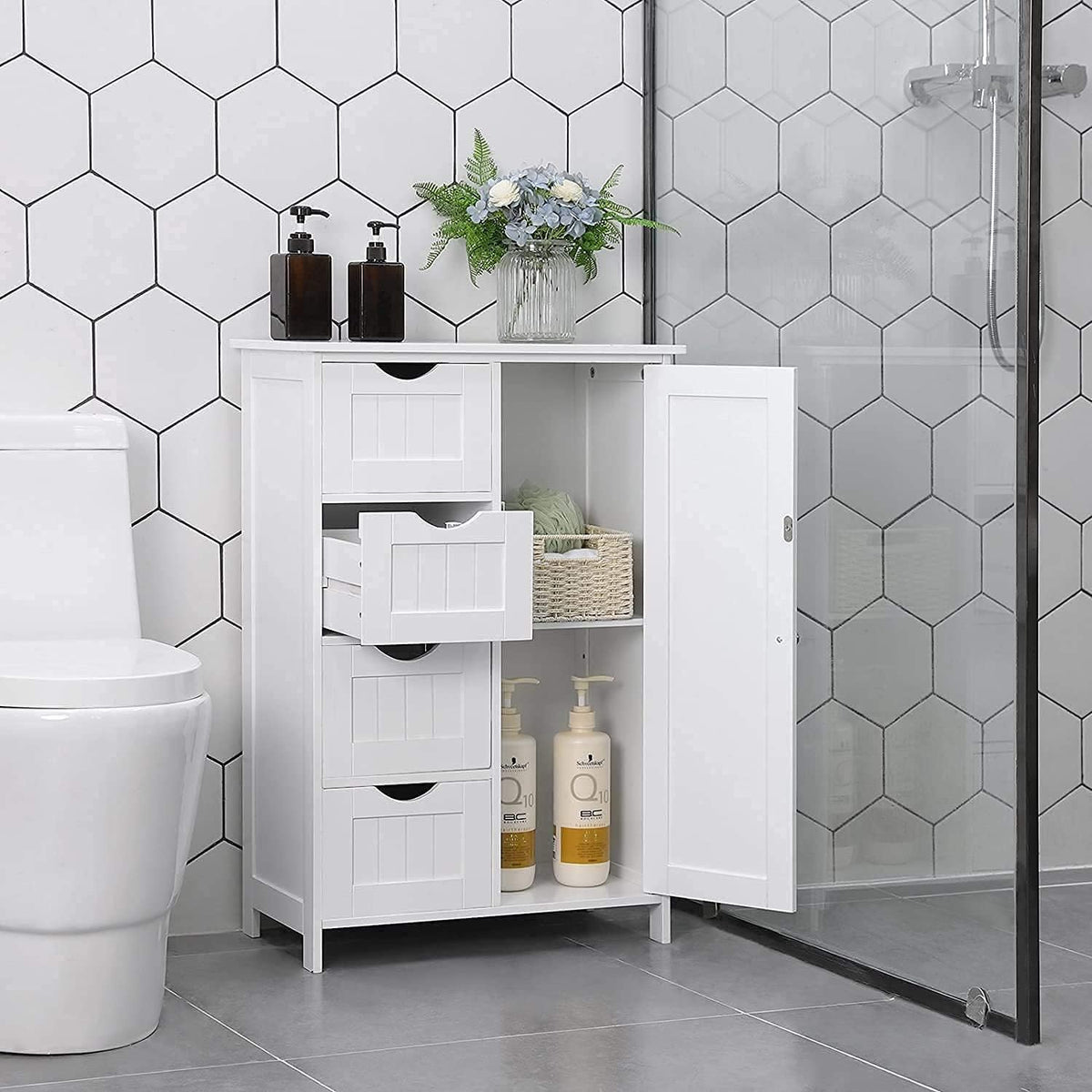 White Wooden Bathroom Floor Cabinet with 4 Drawers and 1 Cupboard G194