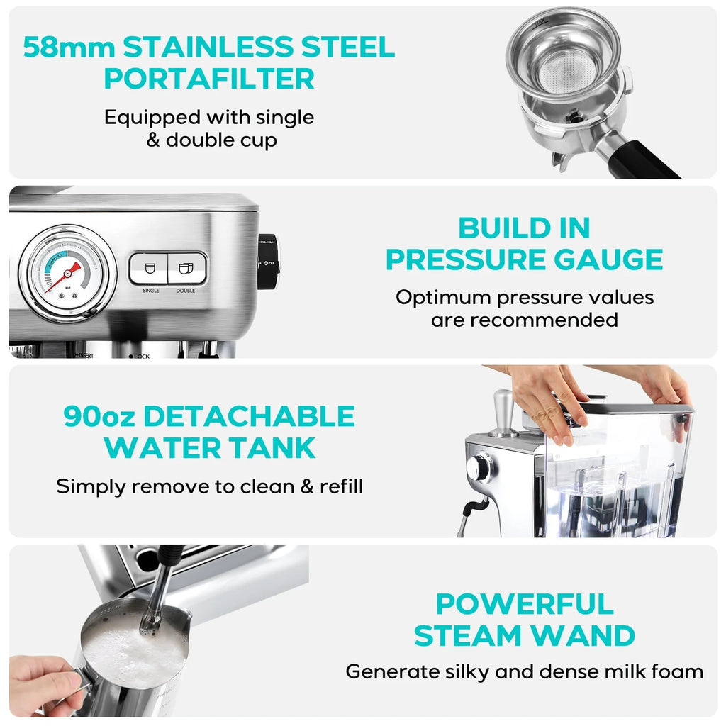 20 Bar Espresso Machine with Grinder and 92oz Water Tank N539125