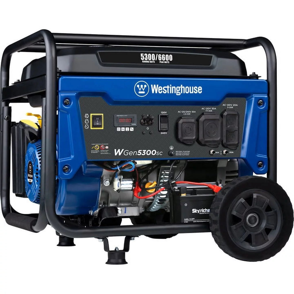 6600 Peak Watt Electric Start Portable Gas Powered Generator with CO Sensor and Wheel Kit W766