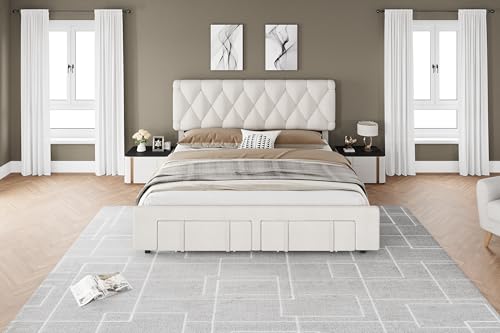 Queen Size Upholstered Platform Bed Frame with Storage Drawers V23212