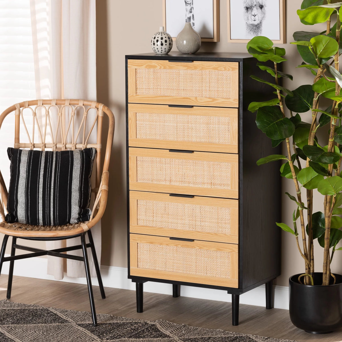Espresso Brown Wood and Rattan 5-Drawer Storage Cabinet X205