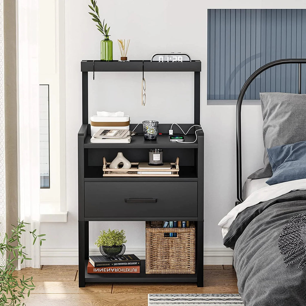 Black Set of 2 LED Nightstand with Charging Station and 1 Drawer M685192