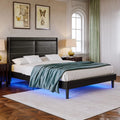 Antique Black PU Leather Upholstered LED Queen Size Platform Bed Frame V34963