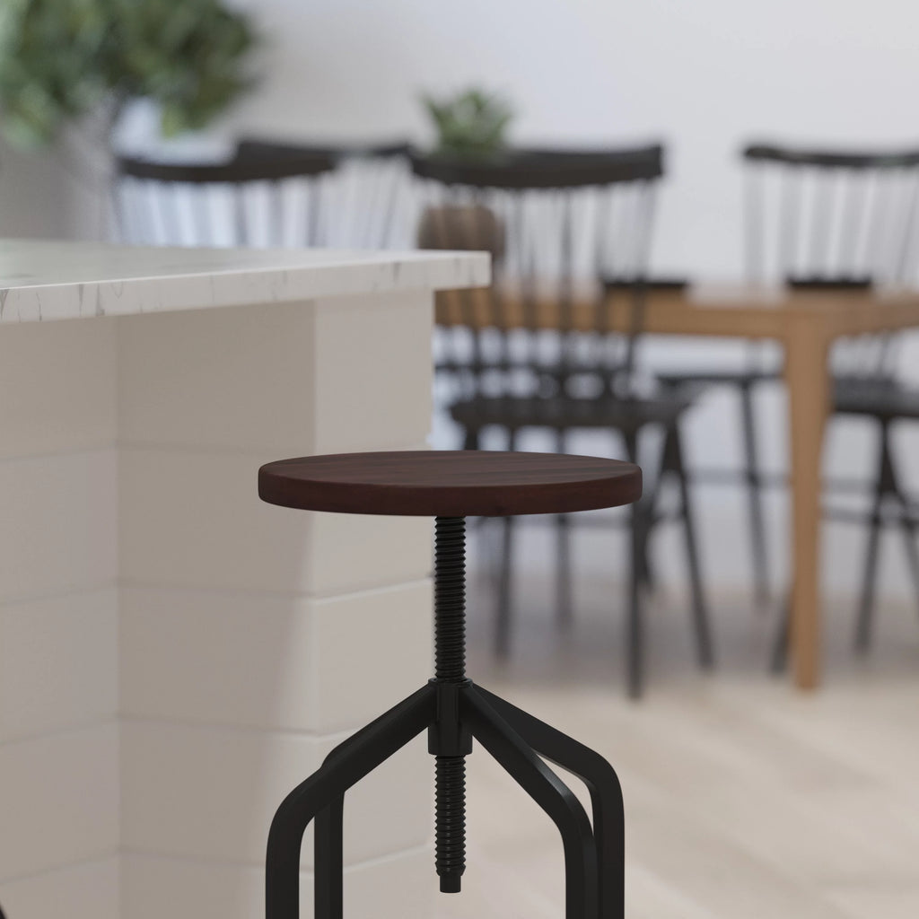 30 Inch Black Metal and Wood Adjustable Height Swivel Bar Stool J232