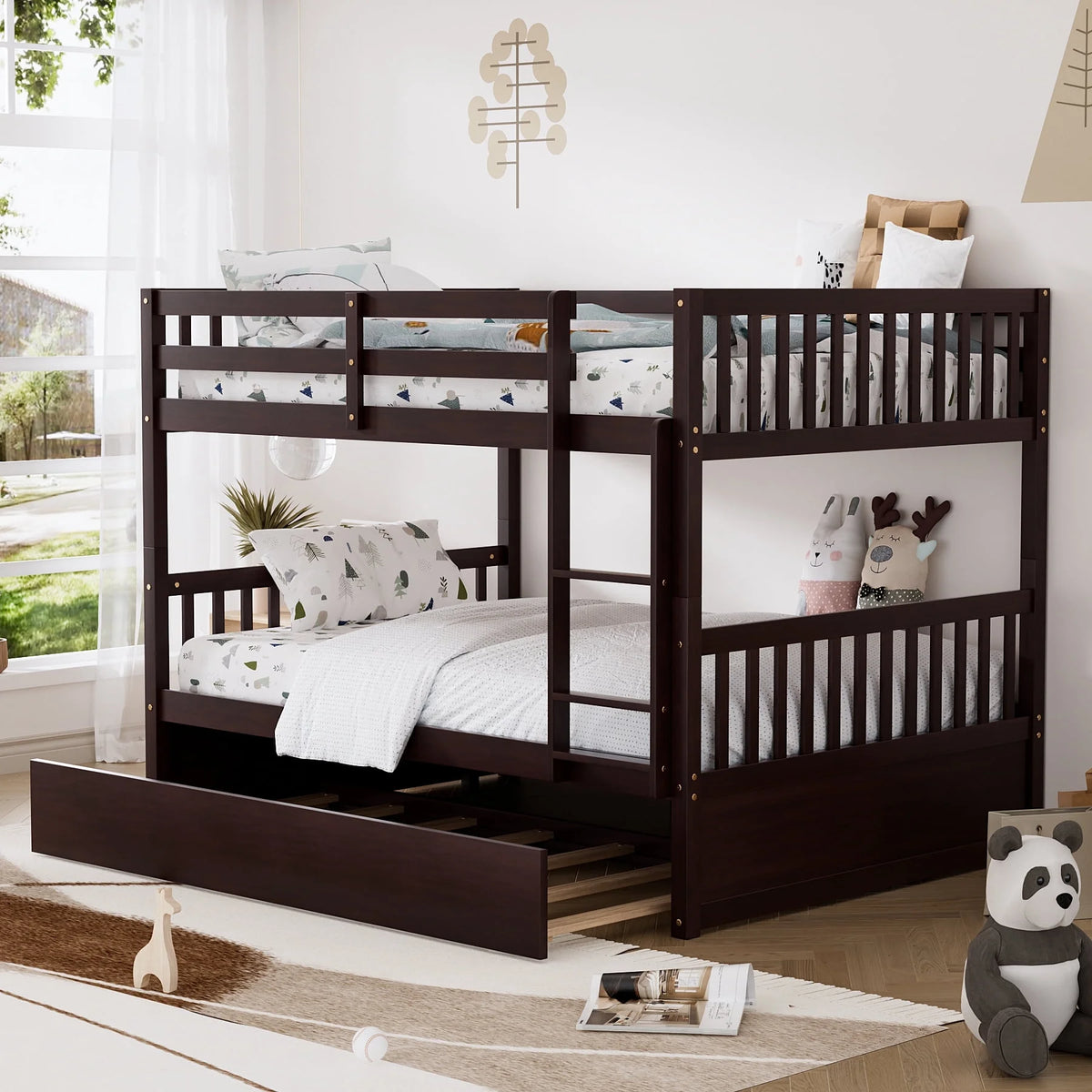 Wood Full over Full Bunk Bed with Trundle and Ladder N82649