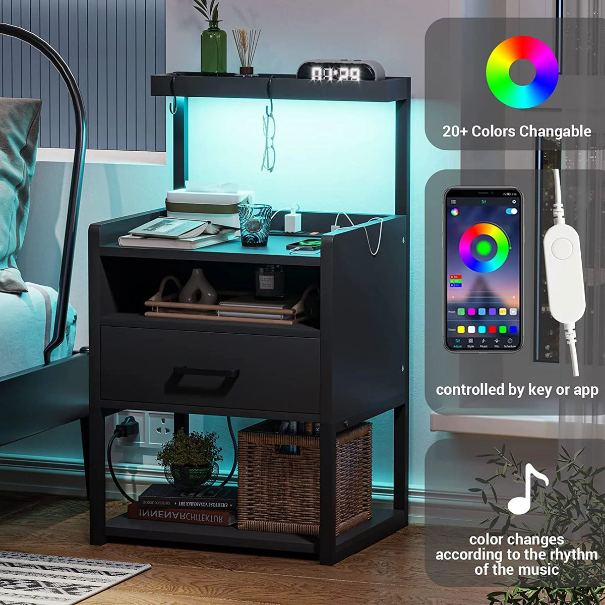 Black Set of 2 LED Nightstand with Charging Station and 1 Drawer M685192