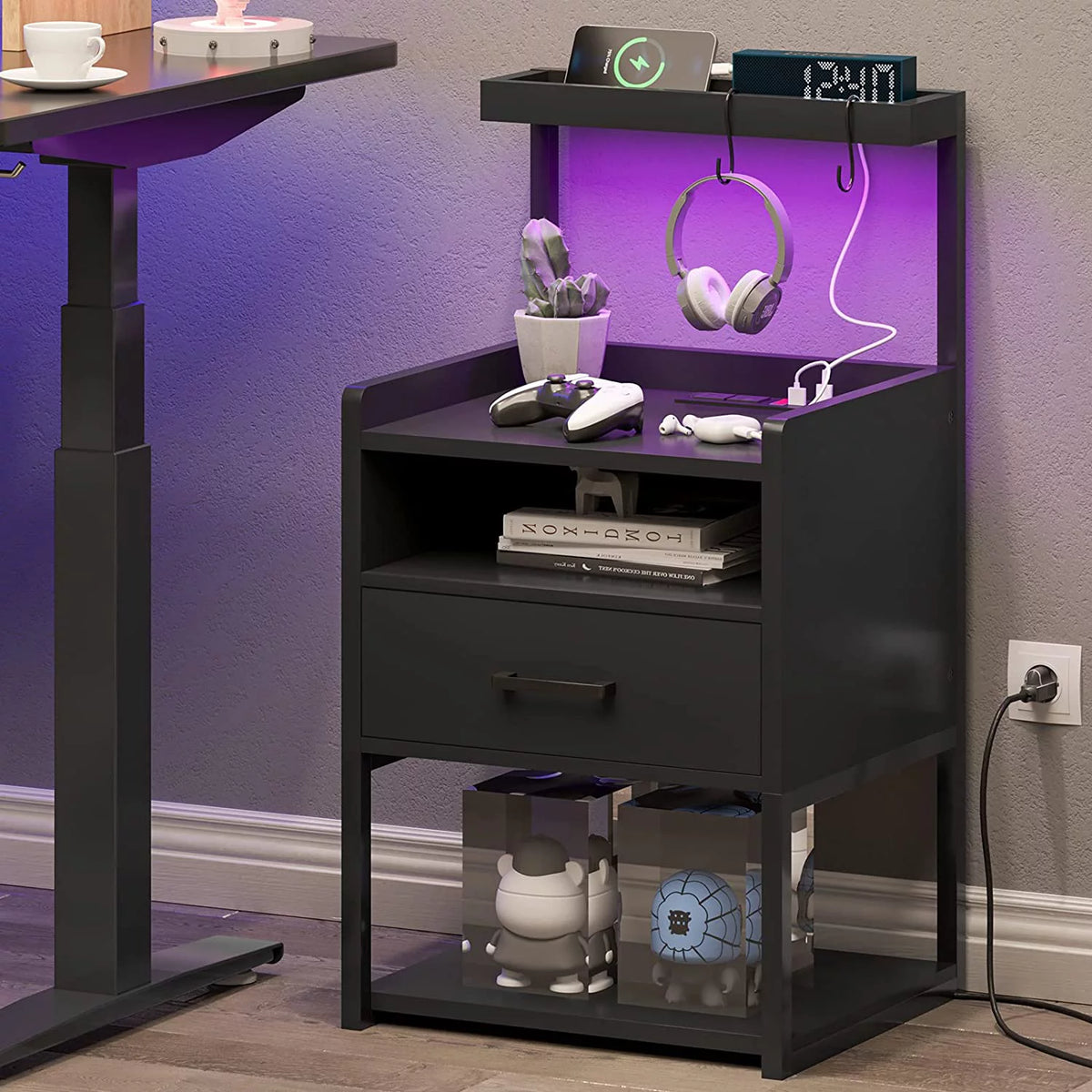 Black Set of 2 LED Nightstand with Charging Station and 1 Drawer M685192
