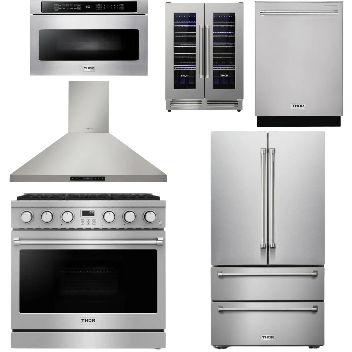 36 Gas Range, Range Hood, Refrigerator, Dishwasher, Microwave and Wine Cooler X7032