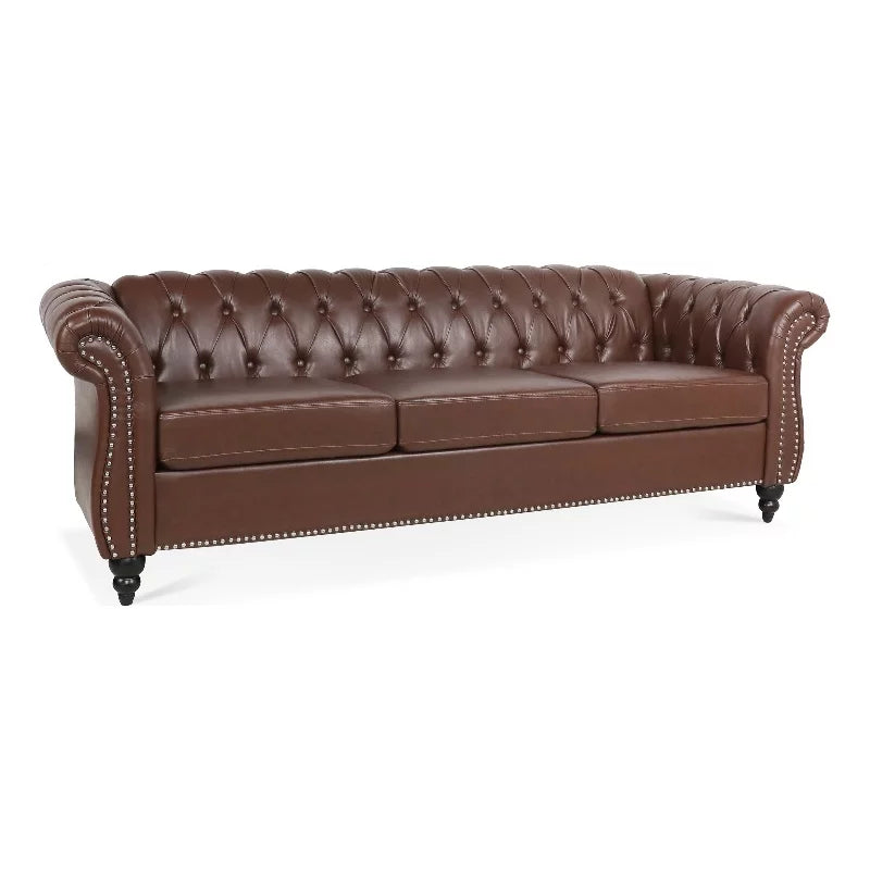 Brown PU Rolled Arm Chesterfield Three Seater Sofa P164