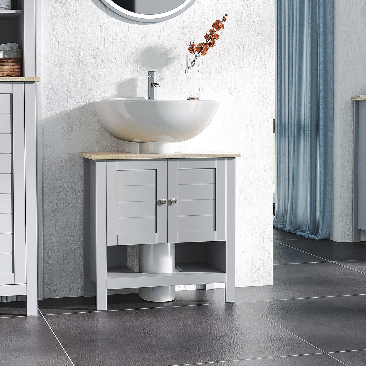 Gray Pedestal Sink Storage Cabinet with Adjustable Shelf D90119