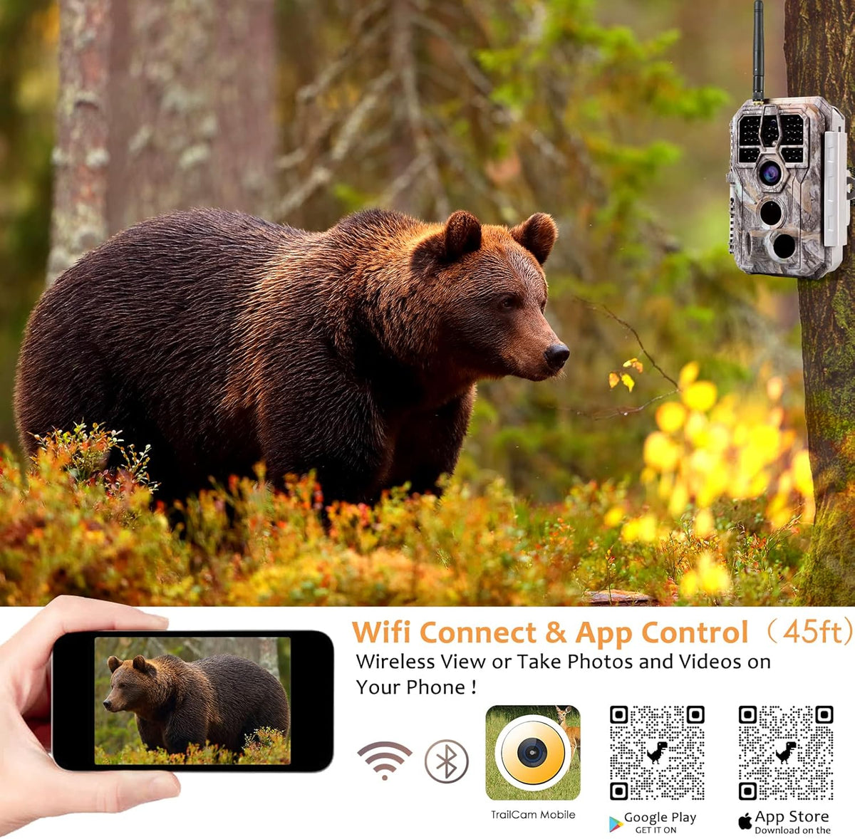 Bluetooth WiFi Deer & Trail Game Camera 32MP 1296P No Glow Night Vision Waterproof W7759