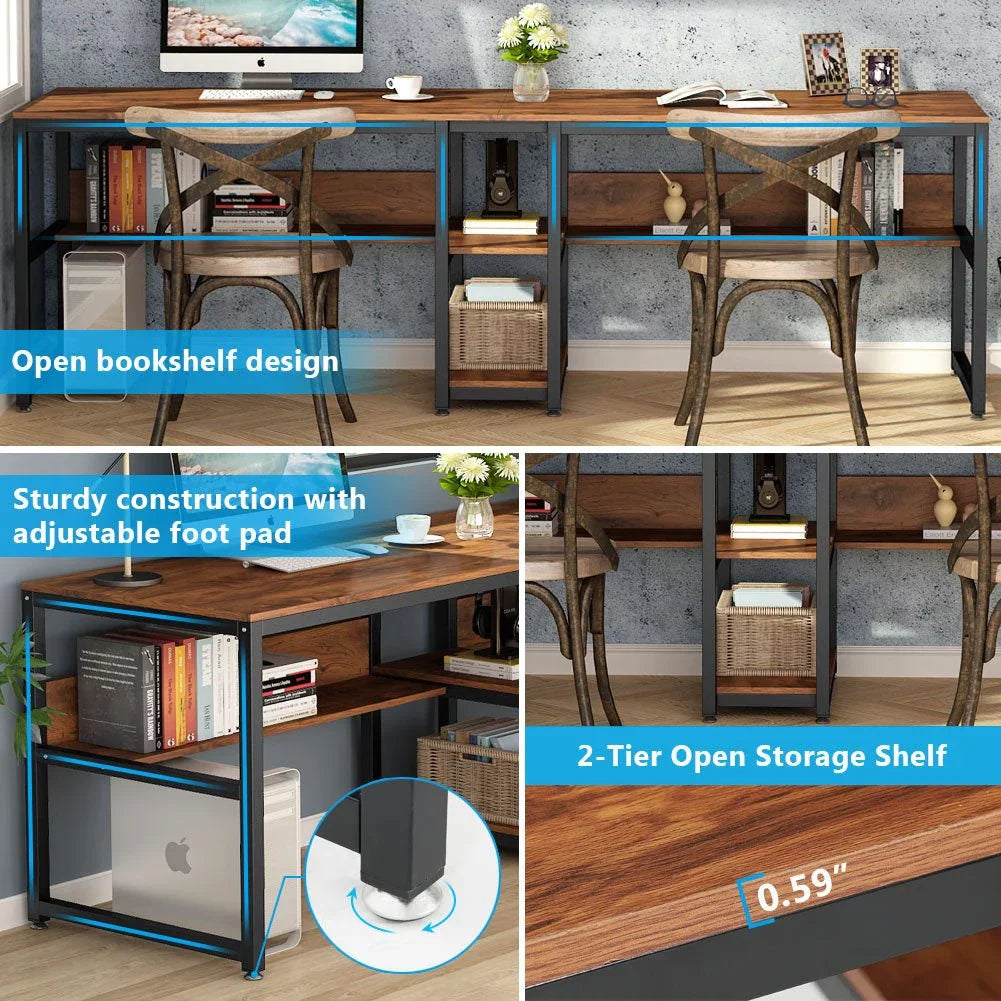 Computer Double Desk with Bookshelf, Black W8566