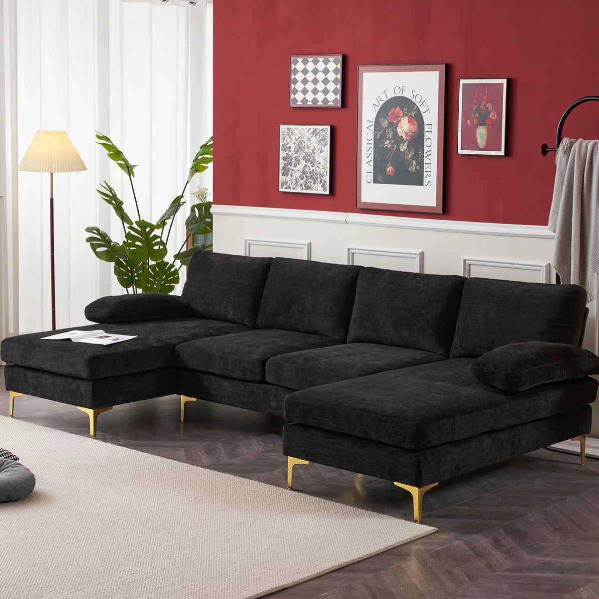 Black Chenille 4 Seat Sectional Sofa I66747