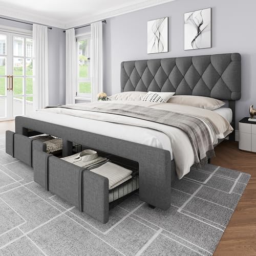 Queen Size Upholstered Platform Bed Frame with Storage Drawers V23212