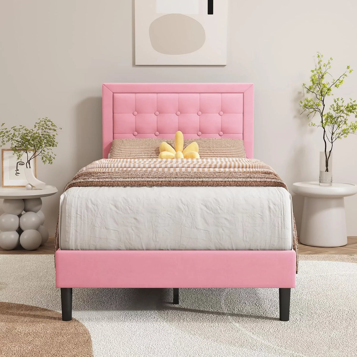 Pink Velvet Upholstered Platform Bed Frame Twin Size D763