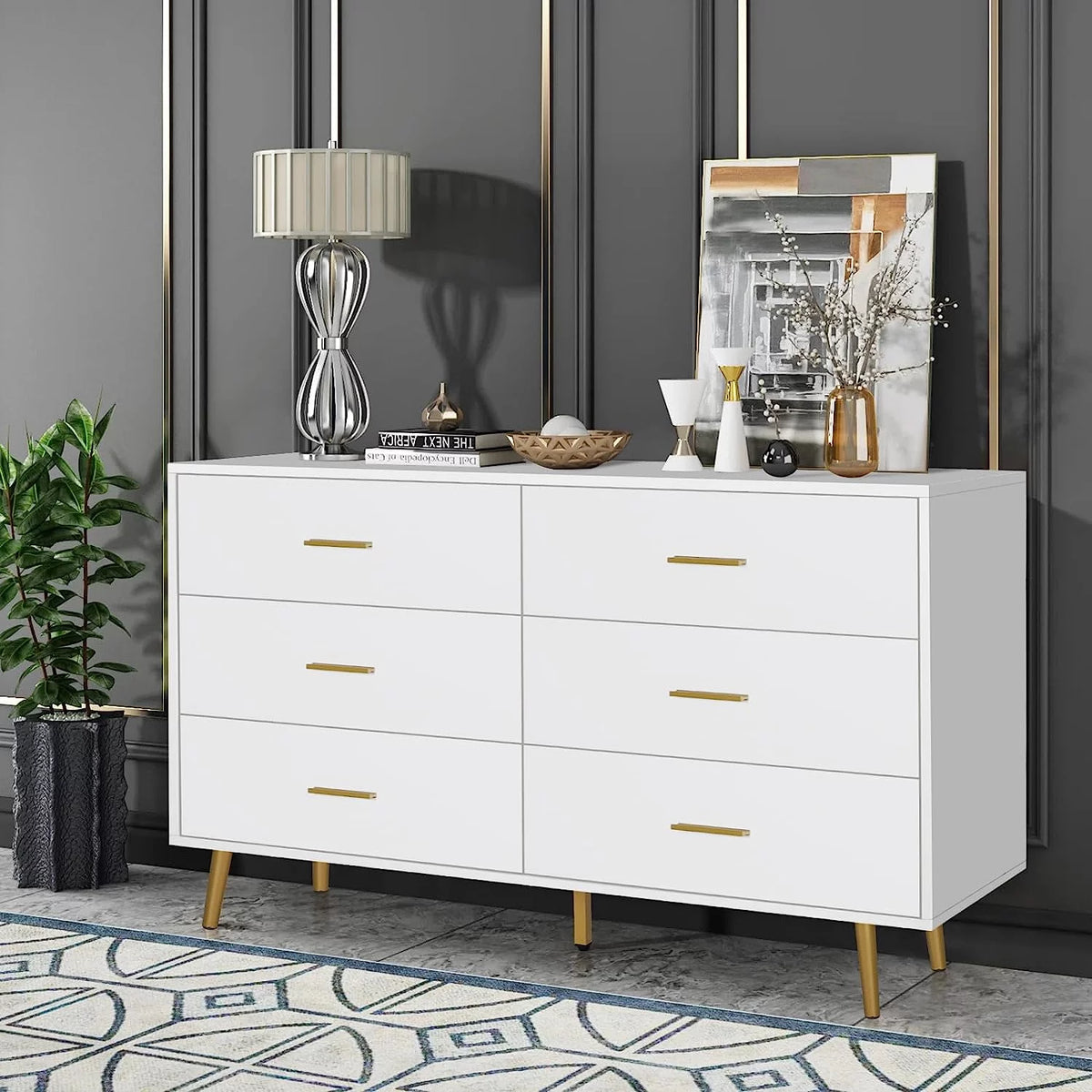 Wood 6 Drawer Dresser with Metal Handles R183