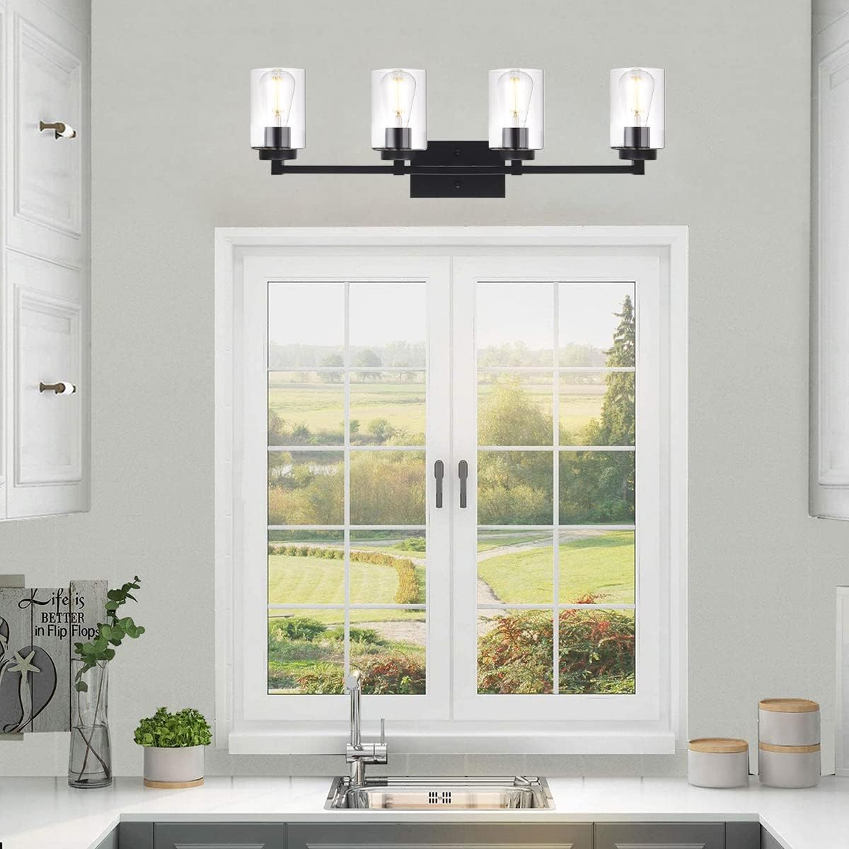 4 Light Matte Black Bathroom Light Fixtures 31.1 Inches Vanity Lighting with Glass Shade Y84342