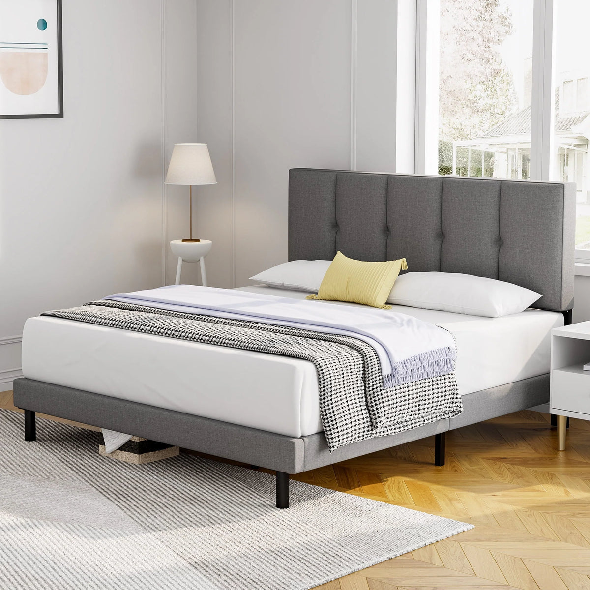 Queen Size Fabric Upholstered Platform Bed Frame T6718