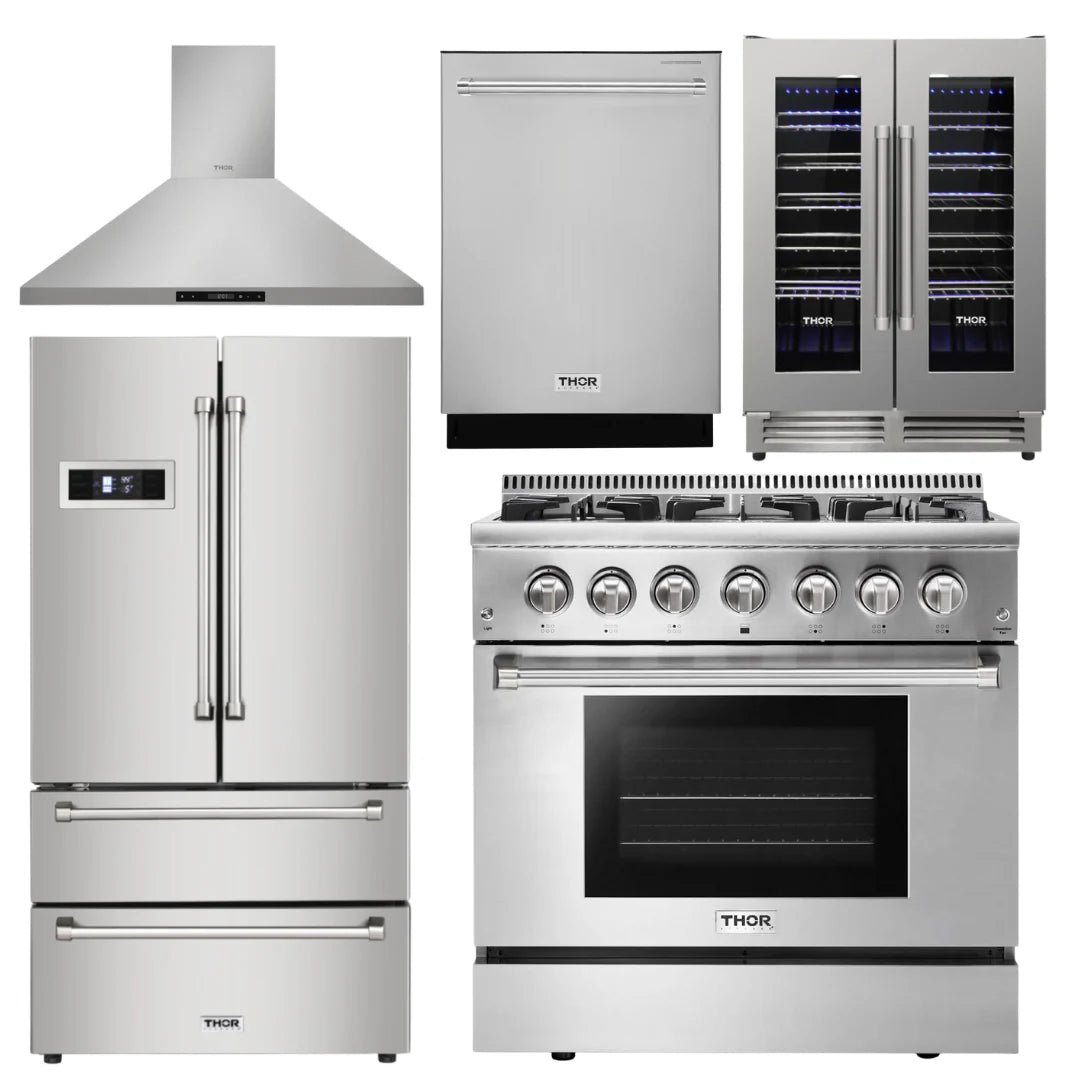 36 Propane Dual Fuel Range, Range Hood, Refrigerator, Dishwasher, Wine Cooler E190