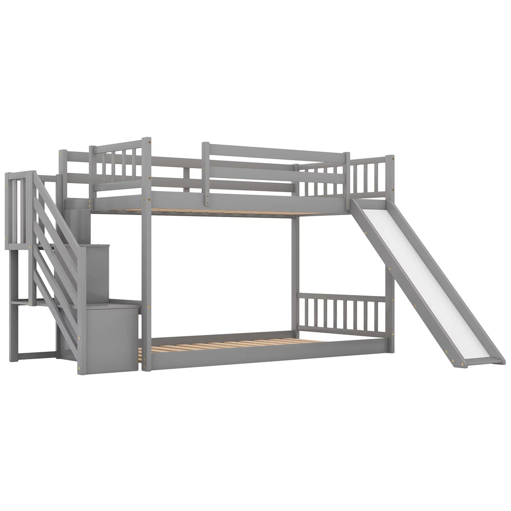 Solid Wood Twin Over Twin Bunk Bed with Slide and Stairway E4113