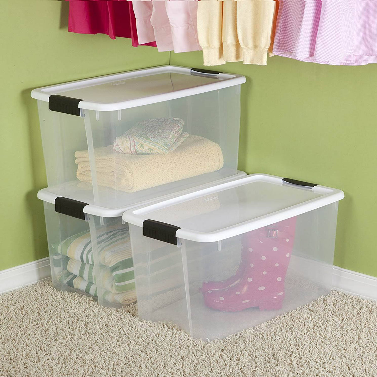 70 Quart Ultra Latch Storage Box with White Lid & Clear Base, 8 Pack R8815