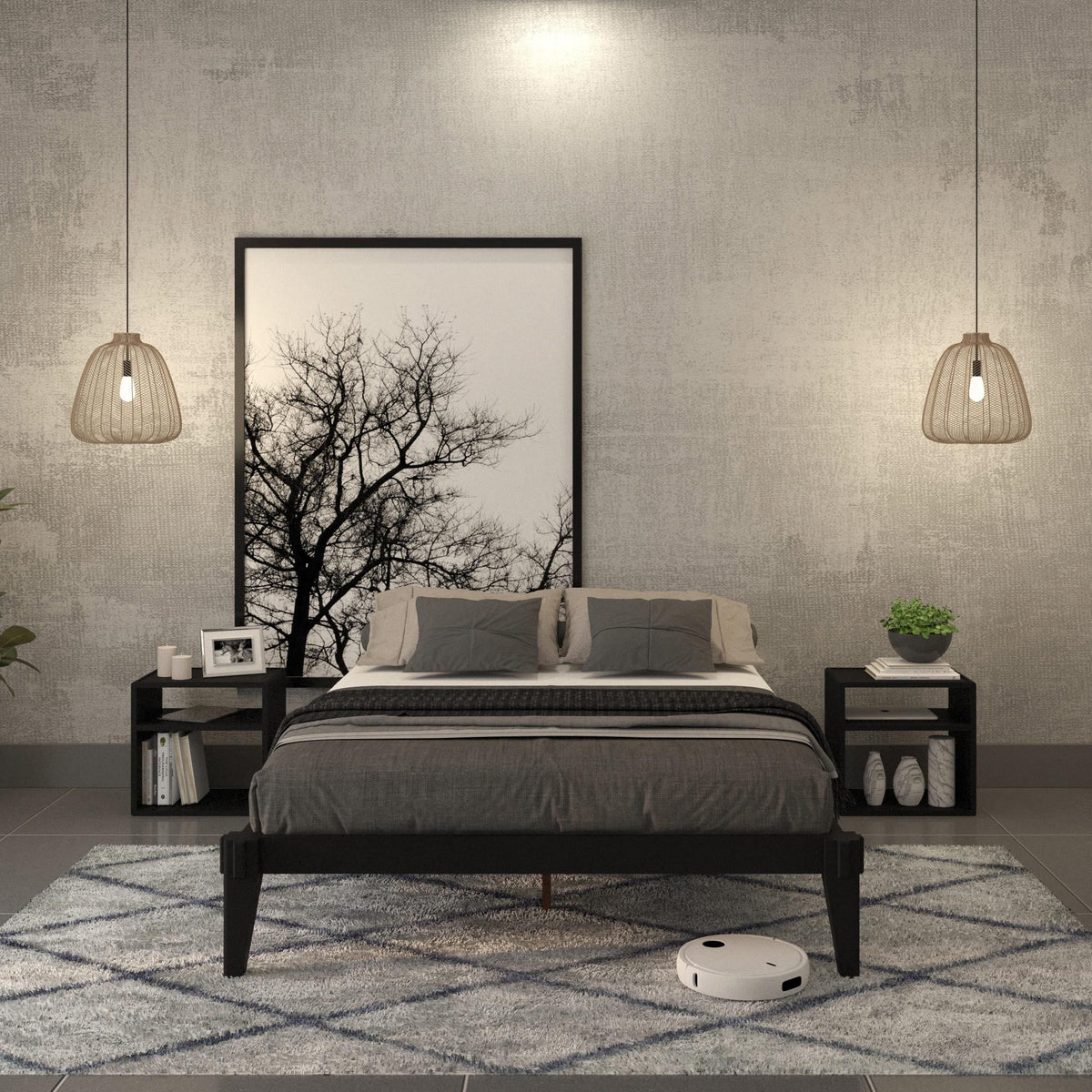 King Platform Bed Frame, No Headboard, Solid Wood, Walnut X1855