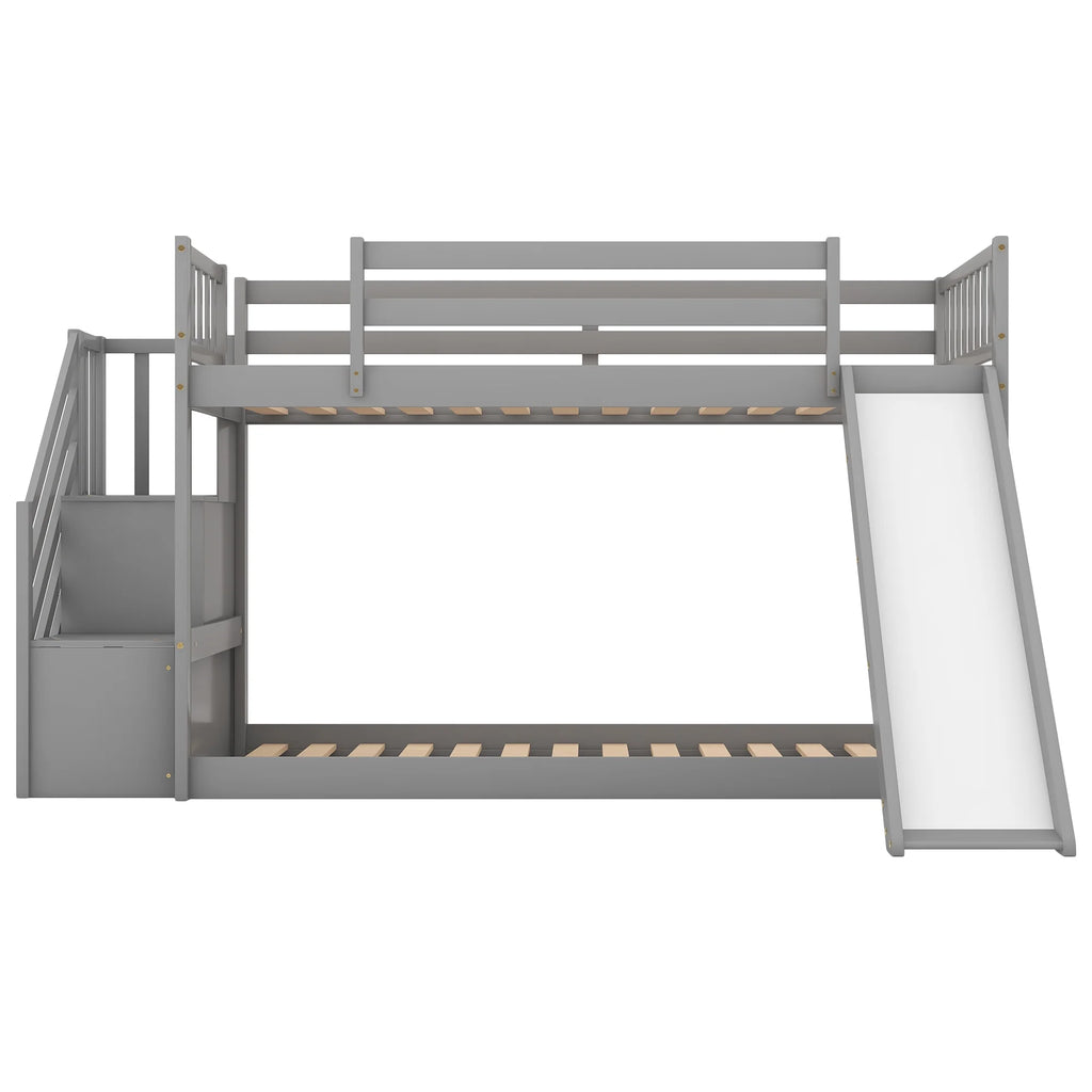 Solid Wood Twin Over Twin Bunk Bed with Slide and Stairway E4113
