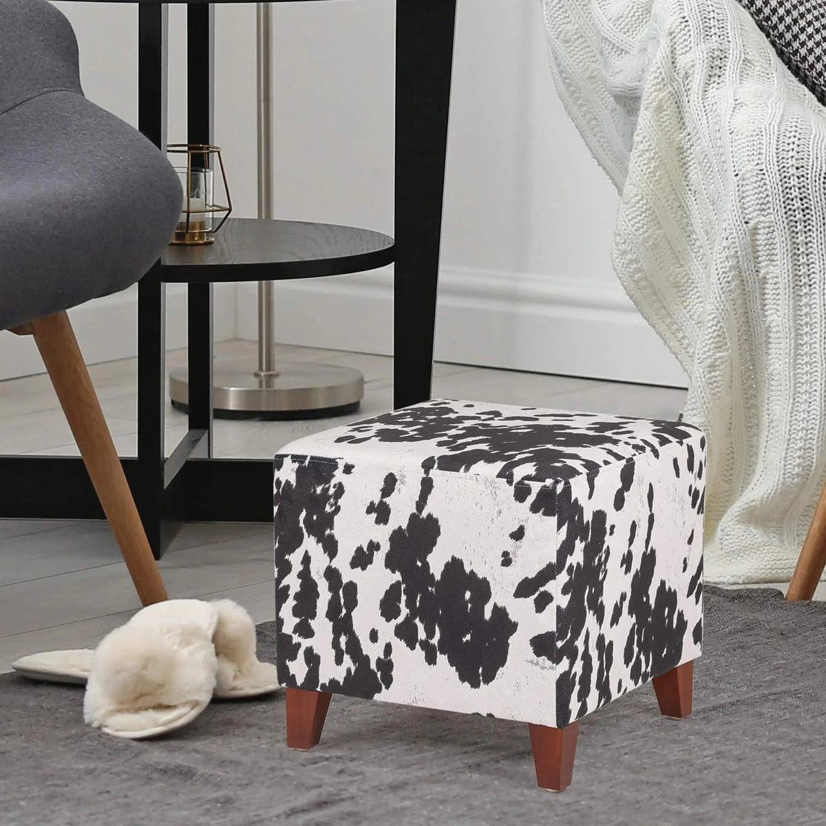 Square Ottoman With Wooden Legs Fabric Footrest O9802