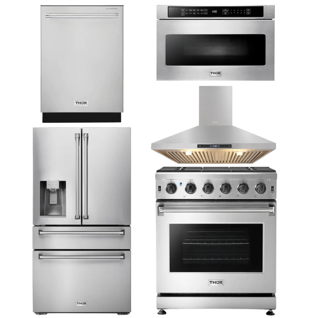 30 Gas Range, Range Hood, Microwave, Refrigerator, Dishwasher E913