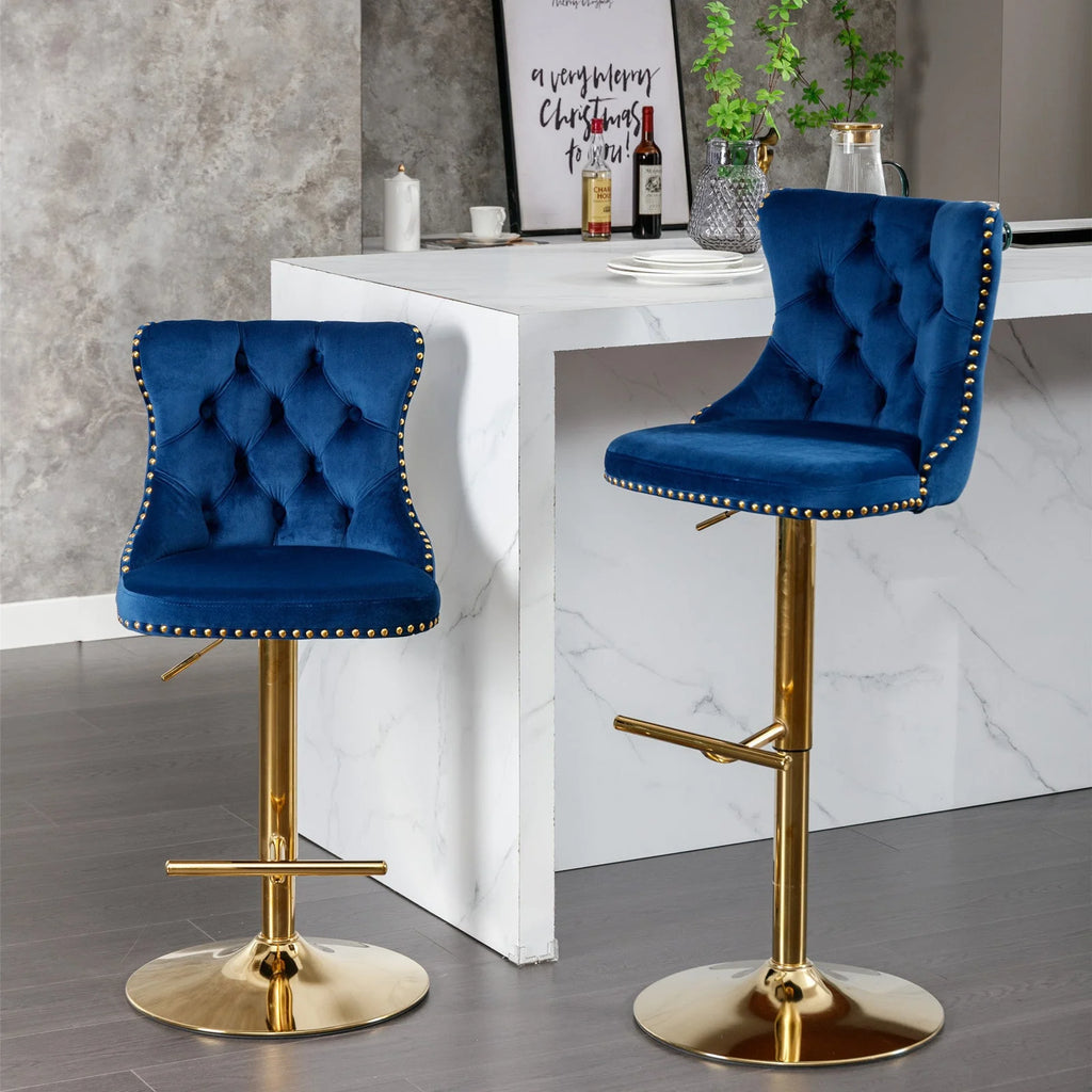 Golden Swivel Velvet Barstools Adjustable Height Blue Set of 2 T14200