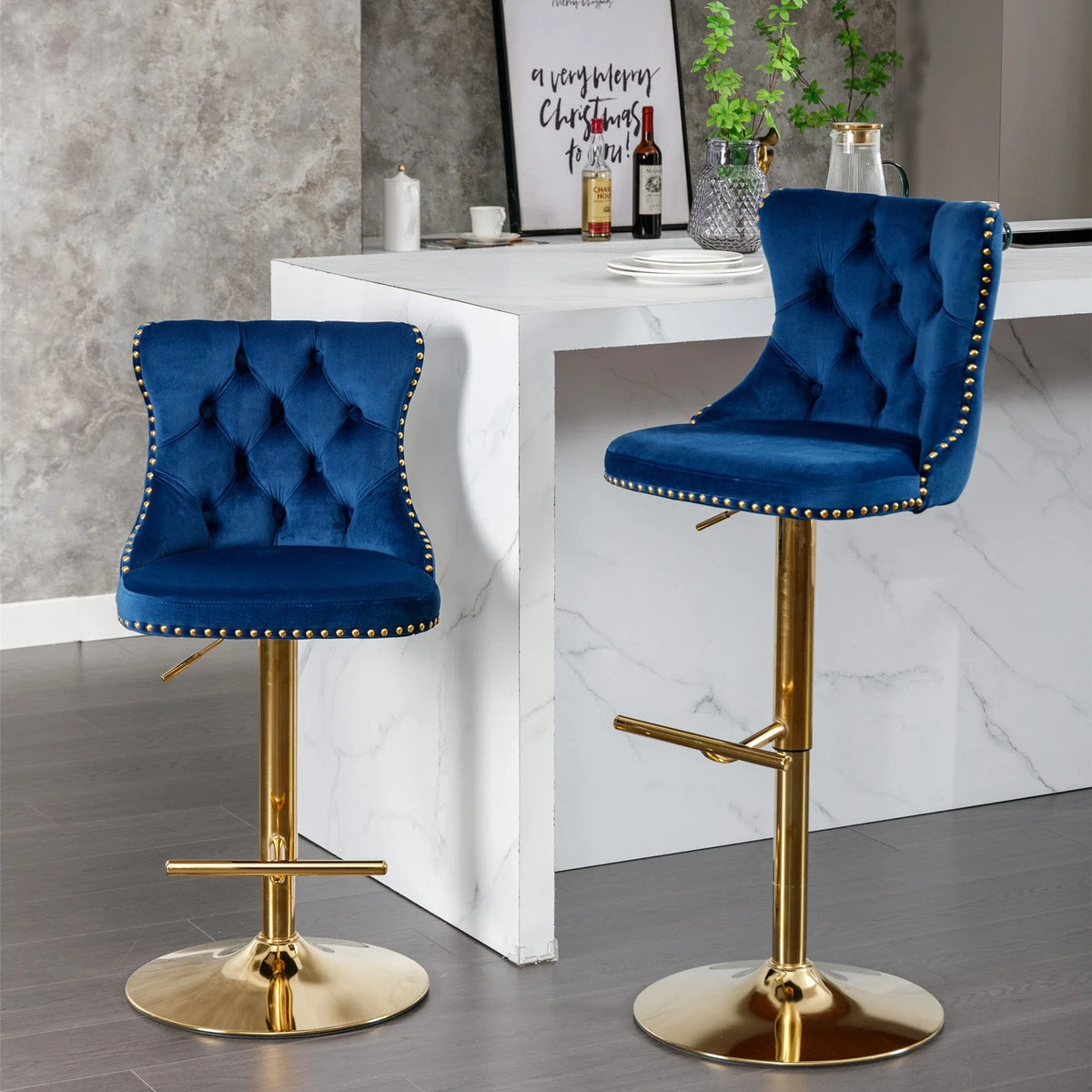 Golden Swivel Velvet Barstools Adjustable Height Blue Set of 2 T14200