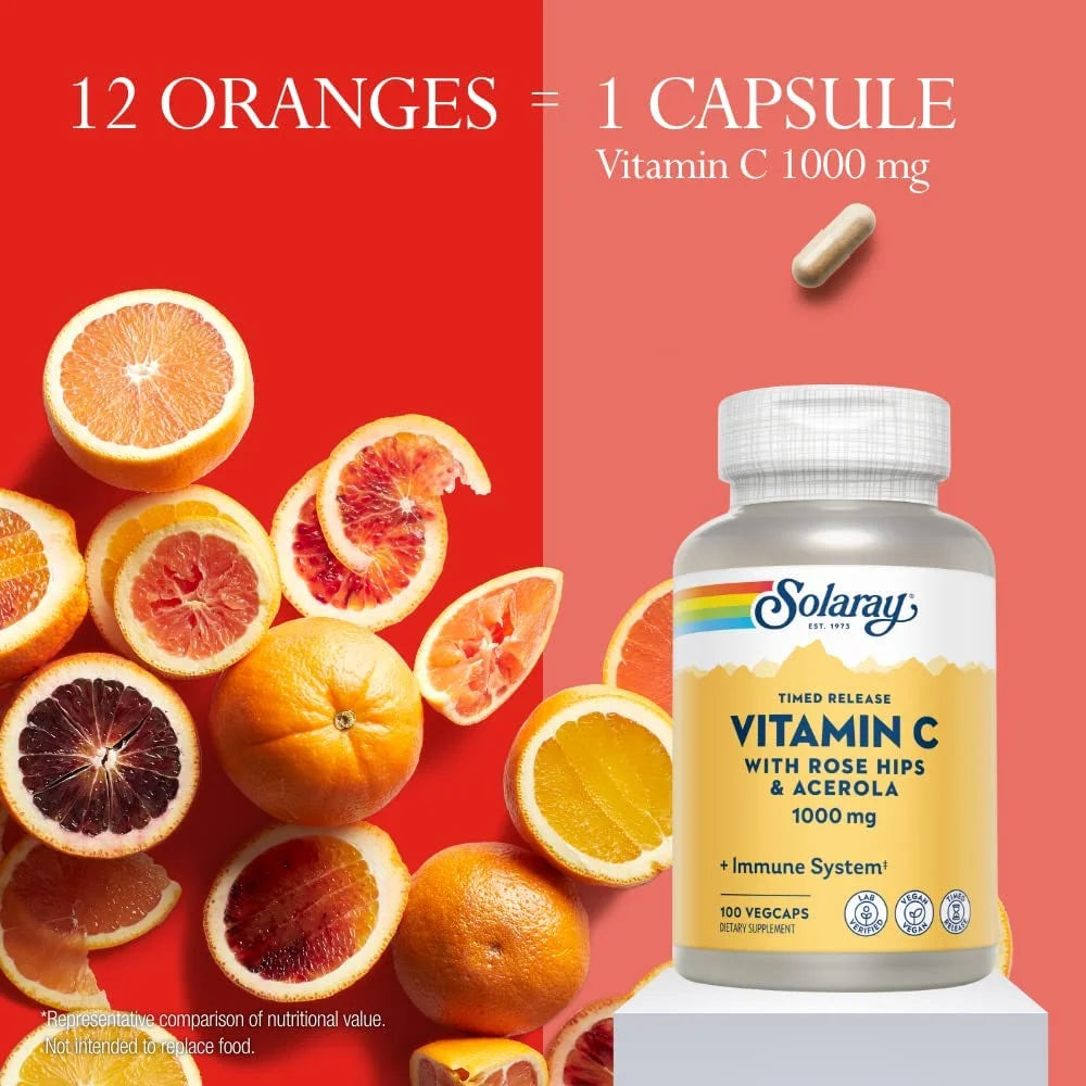 Vitamin C 1000mg Timed Release Capsules with Rose Hips & Acerola Bioflavonoids, 100 VegCaps I9653