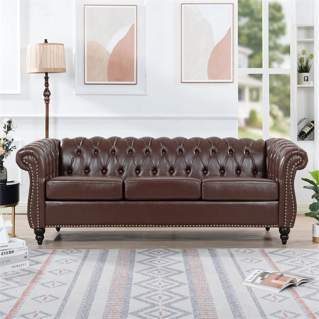 Brown PU Rolled Arm Chesterfield Three Seater Sofa P164