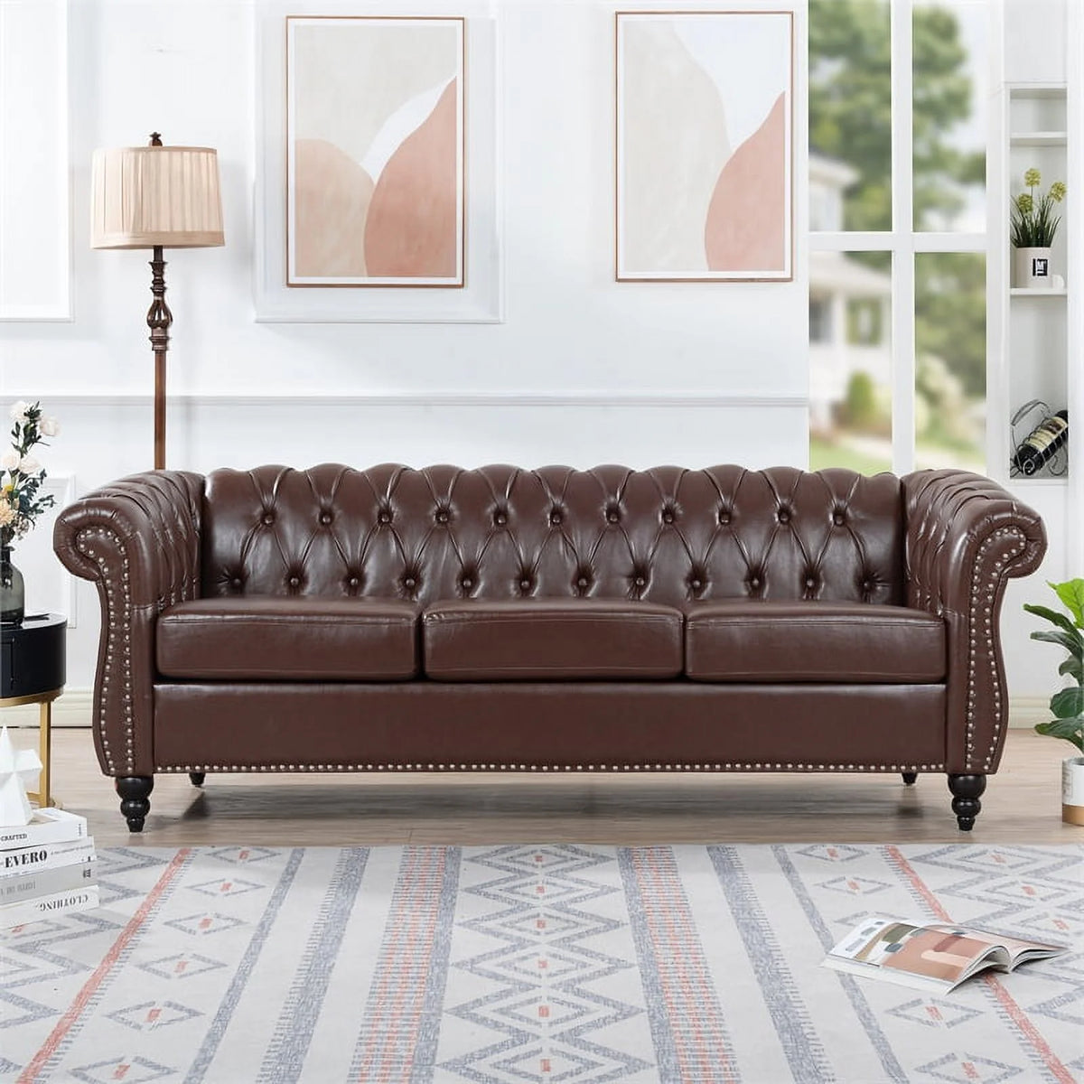 Brown PU Rolled Arm Chesterfield Three Seater Sofa P164