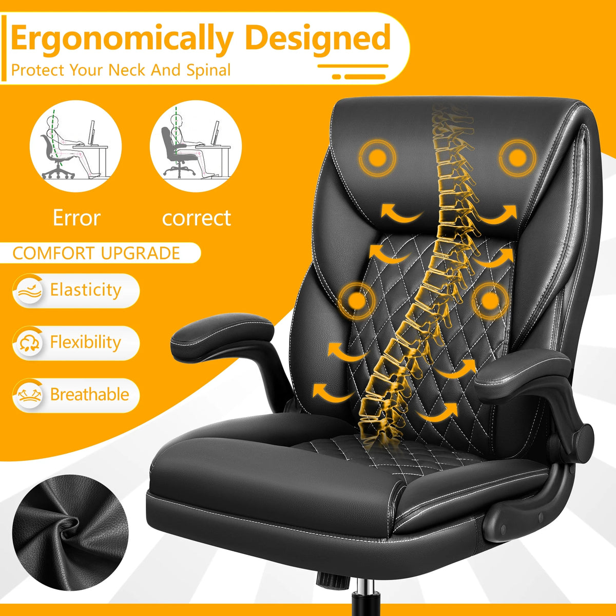 Executive Leather Ergonomic Office Chair with Flip-Up Arms G41433