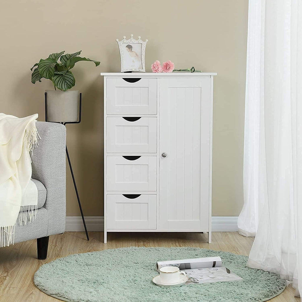 White Wooden Bathroom Floor Cabinet with 4 Drawers and 1 Cupboard G194