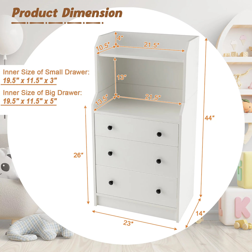 White 3 Drawer Wood Dresser with 2 Open Shelves T39172