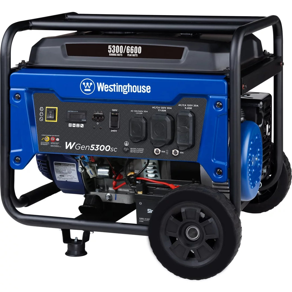 6600 Peak Watt Electric Start Portable Gas Powered Generator with CO Sensor and Wheel Kit W766