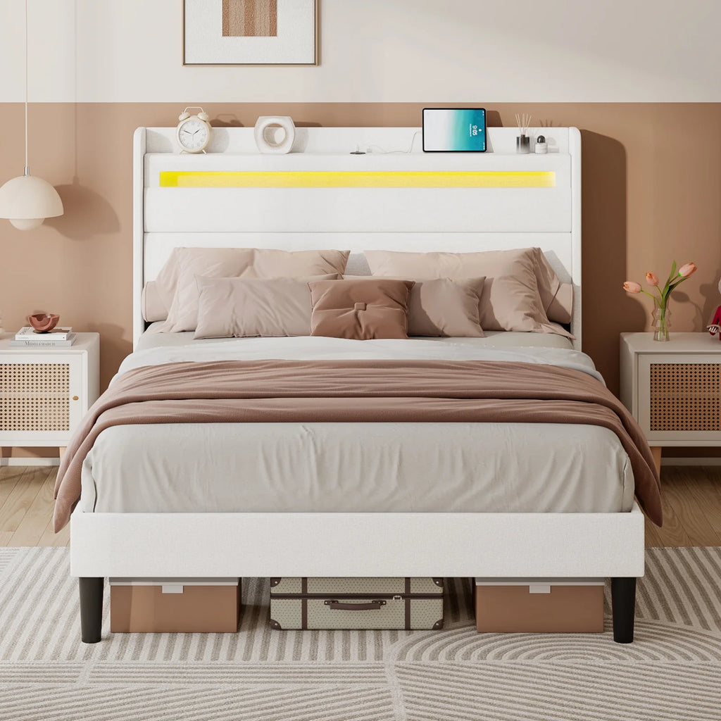 Queen Size White Linen Upholstered Platform Bed with Storage Headboard V590543