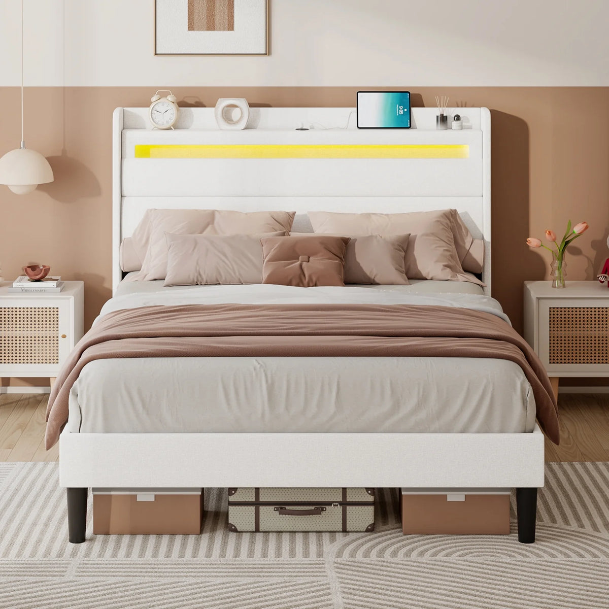 Queen Size White Linen Upholstered Platform Bed with Storage Headboard V590543