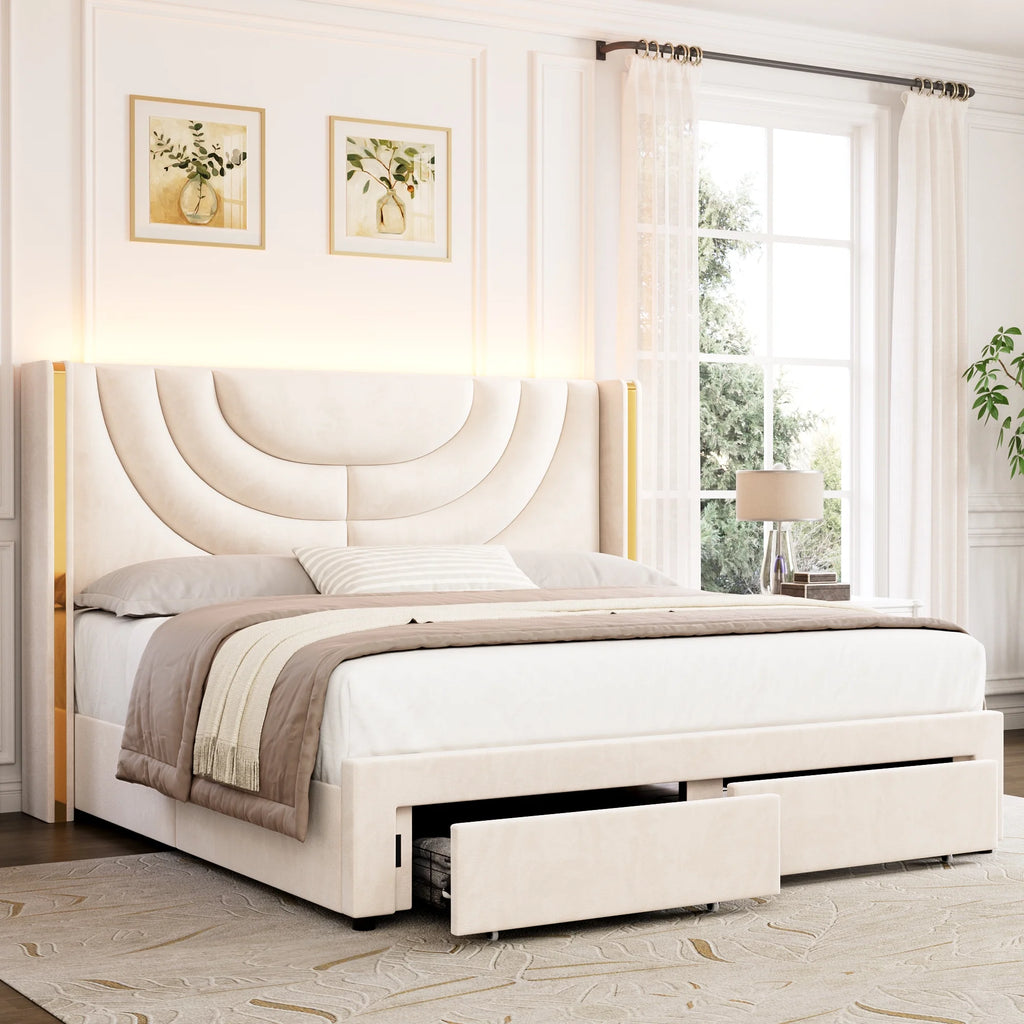 Full Size Velvet Upholstered Platform Bed Frame with 2 Drawers F41132