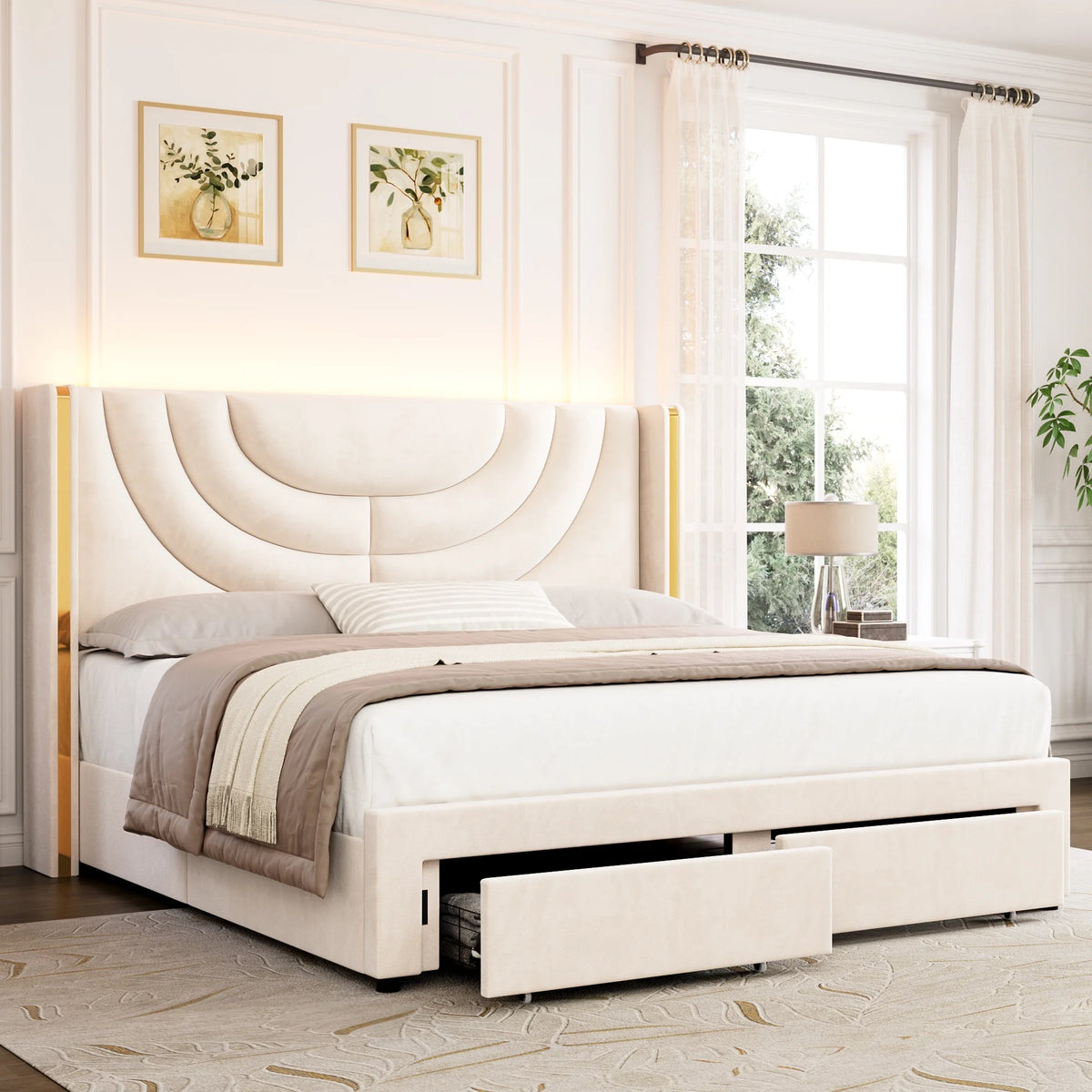 Full Size Velvet Upholstered Platform Bed Frame with 2 Drawers F41132