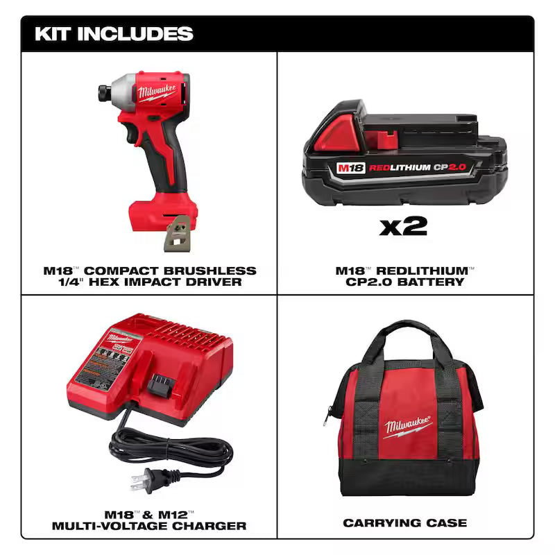 18-Volt Lithium-Ion Brushless Cordless 1/4 in. Impact Driver Kit with Screw Driver Bit Set C146823