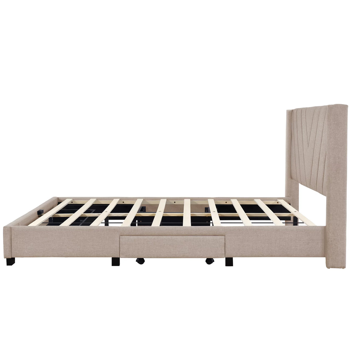 Queen Size Beige Upholstered Platform Bed Frame with Drawer T7392