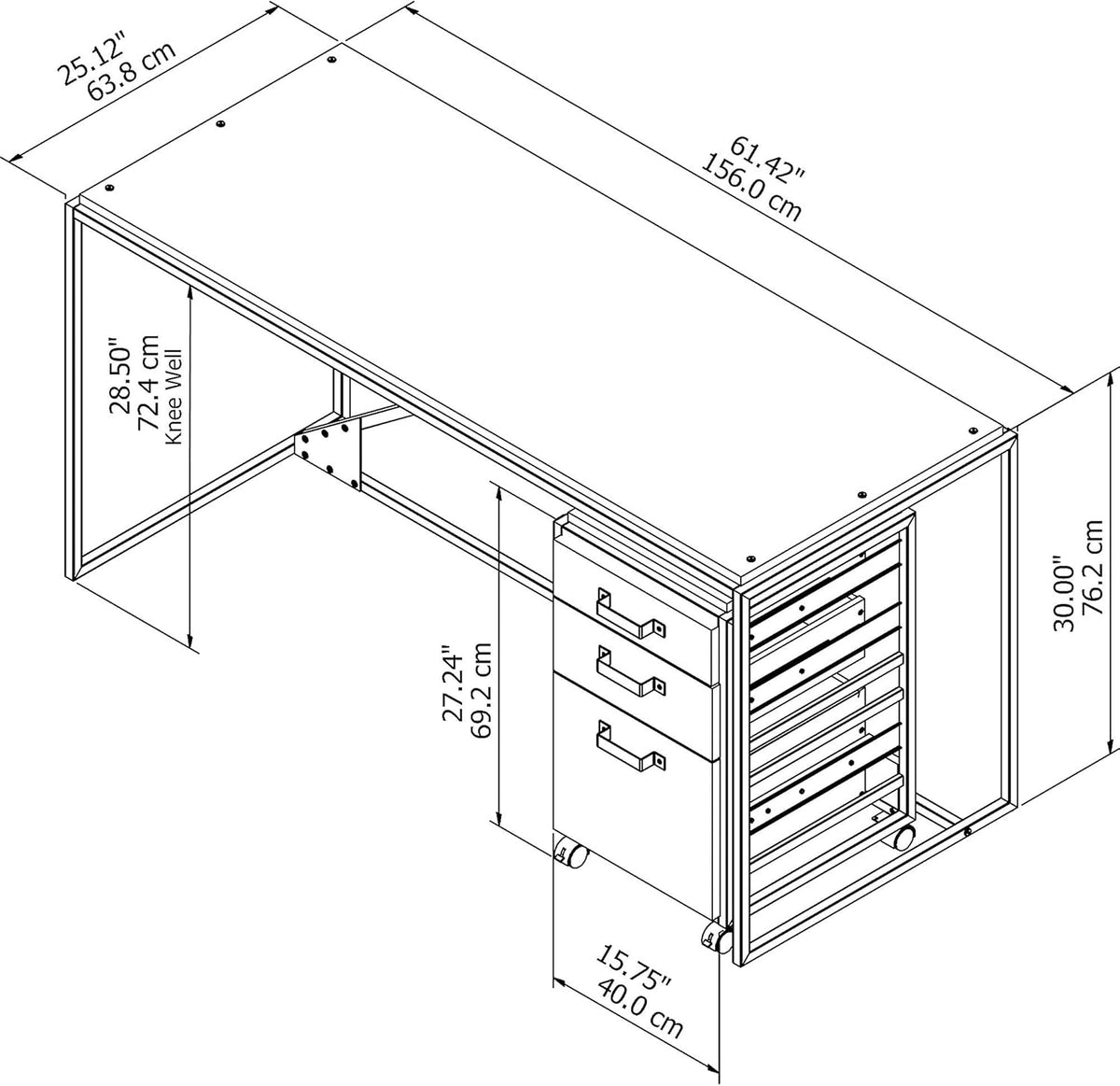 62W Industrial Desk with 3 Drawer File Cabinet Q66773