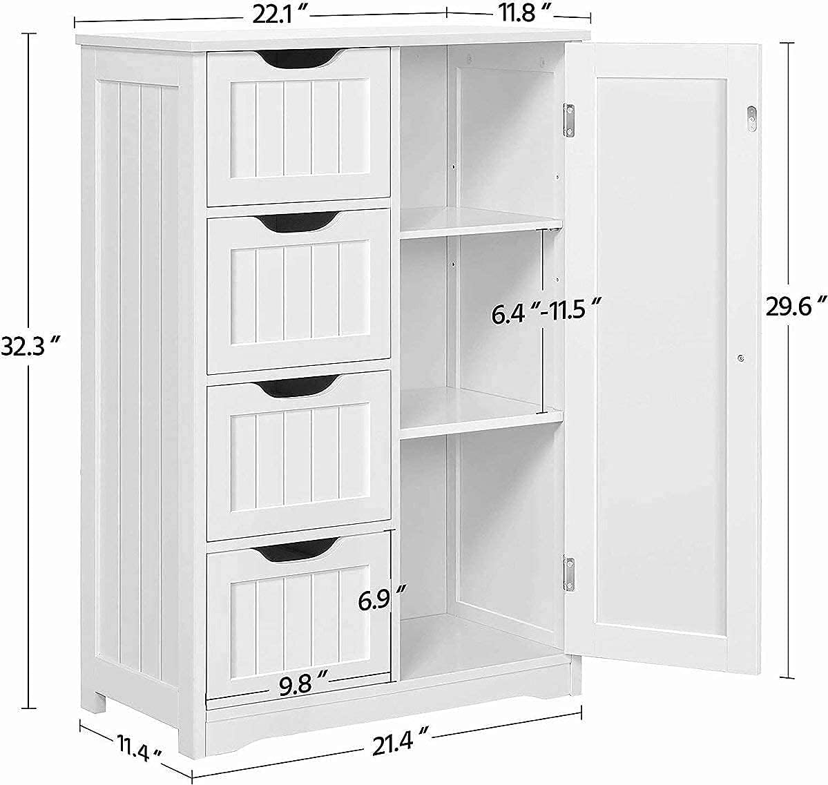 White Wooden Bathroom Floor Cabinet with 4 Drawers and 1 Cupboard G194